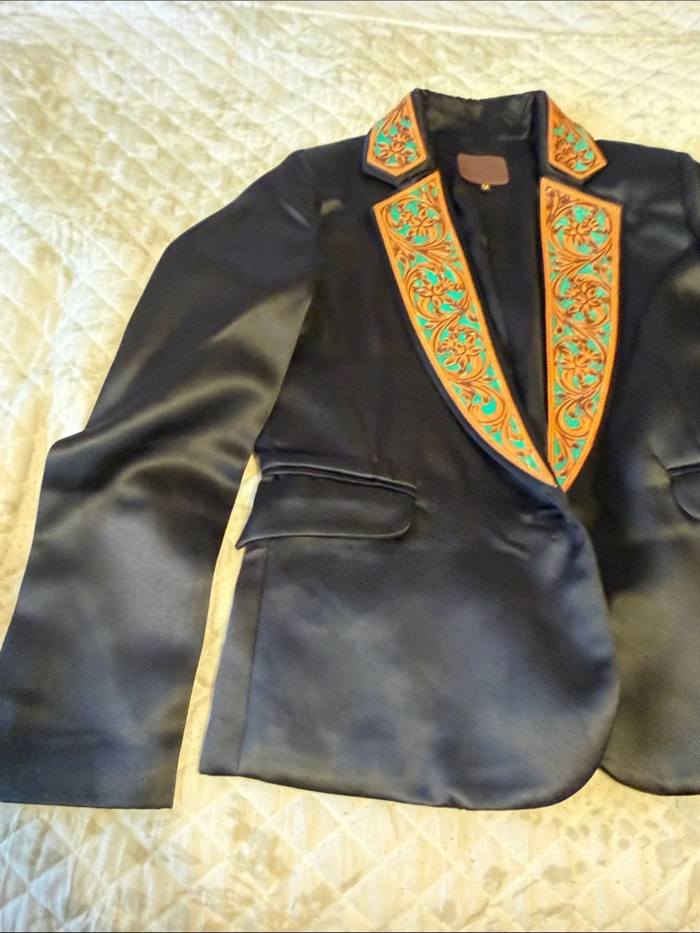 Black Blazer with Turquoise & Orange Embroidered Lapel